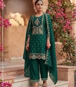 D green vichitra silk semi stitched suit with embroidery & sequence work
