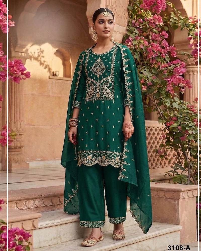 D green vichitra silk semi stitched suit with embroidery & sequence work