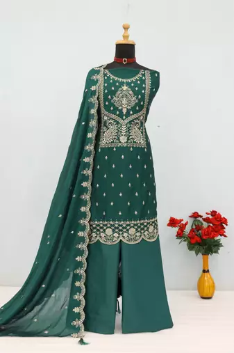 D green vichitra silk suit with embroidered sequin 