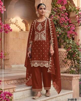 Orange vichitra silk suit with embroidered Sequin  1