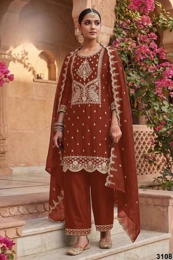 Orange vichitra silk suit with embroidery & Sequin work