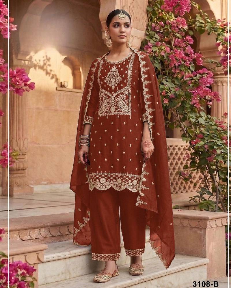 Orange vichitra silk suit with embroidery & Sequin work
