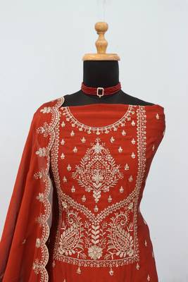 Orange vichitra silk suit with embroidered Sequin  3