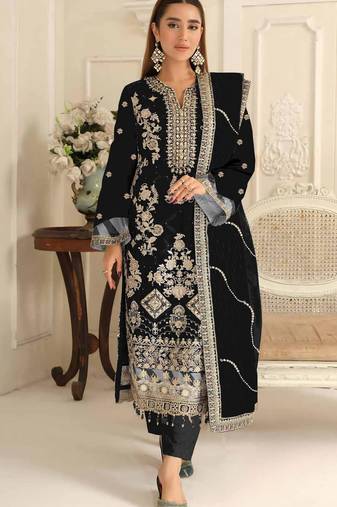 Black rangoli silk semi stitched suit with embroidery & sequence work