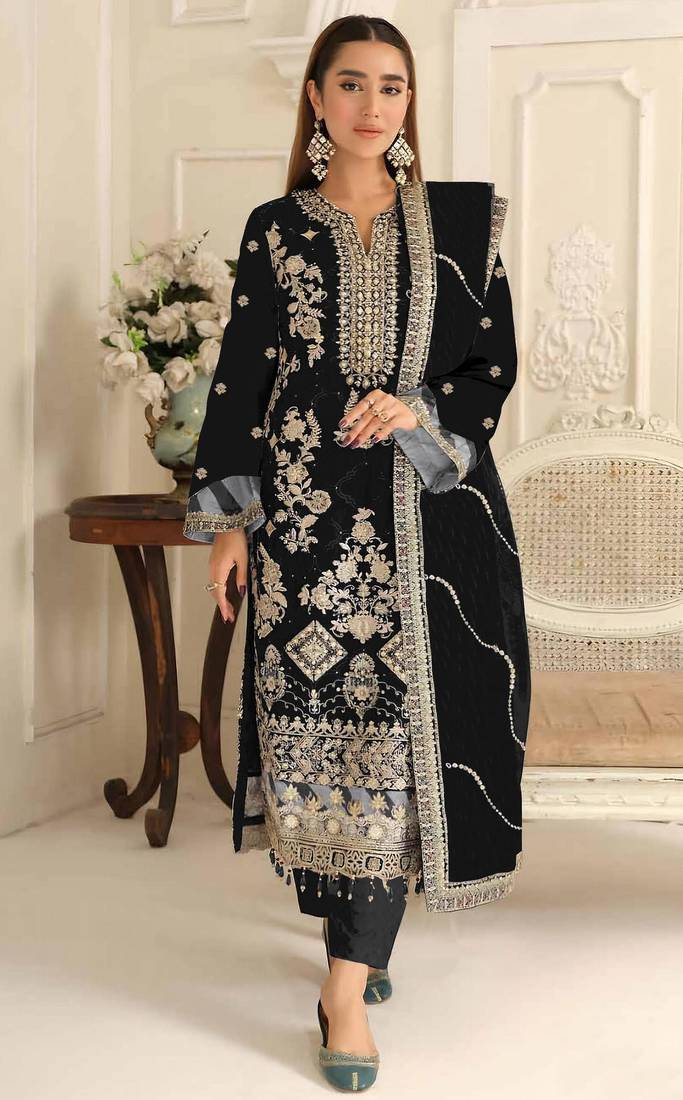 Black rangoli silk semi stitched suit with embroidery & sequence work