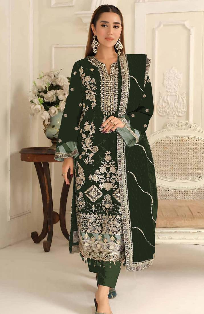 D green rangoli silk suit with embroidery & Sequin work