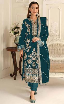 Teal blue rangoli silk suit with embroidered Sequin  1