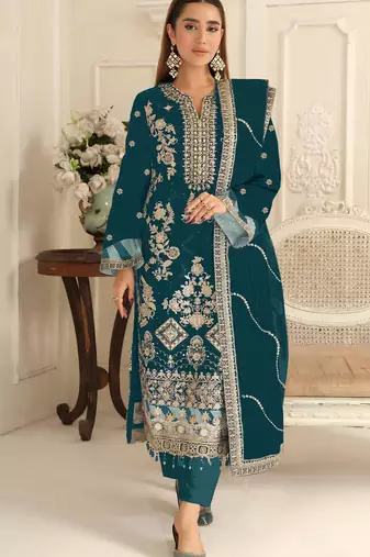 Teal blue rangoli silk suit with embroidery & Sequin work