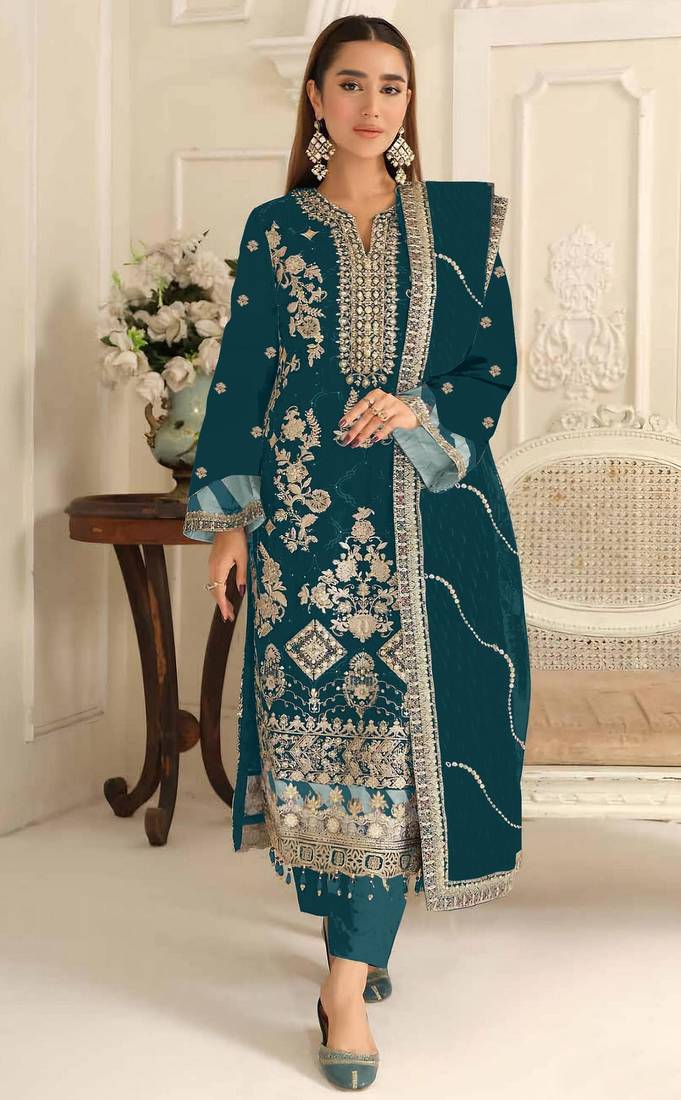 Teal blue rangoli silk suit with embroidery & Sequin work
