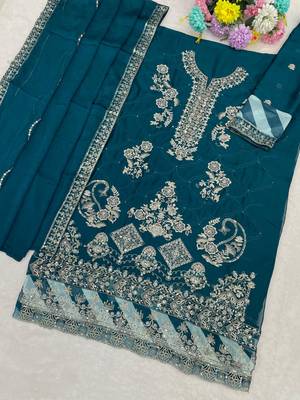 Teal blue rangoli silk suit with embroidered Sequin  2