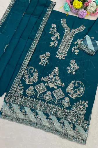 Teal blue rangoli silk suit with embroidered Sequin 