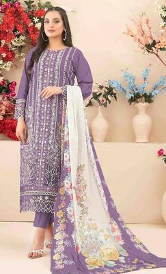 Purple cambric cotton suit with embroidered khatli  1