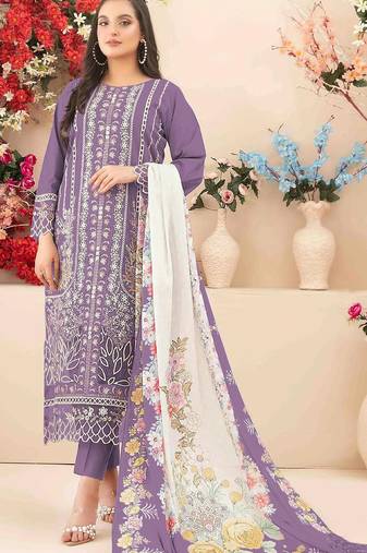 Purple cambric cotton semi stitched suit with embroidery & khatli work