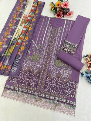 Purple cambric cotton suit with embroidered khatli  2