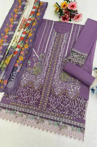 Purple cambric cotton suit with embroidered khatli 
