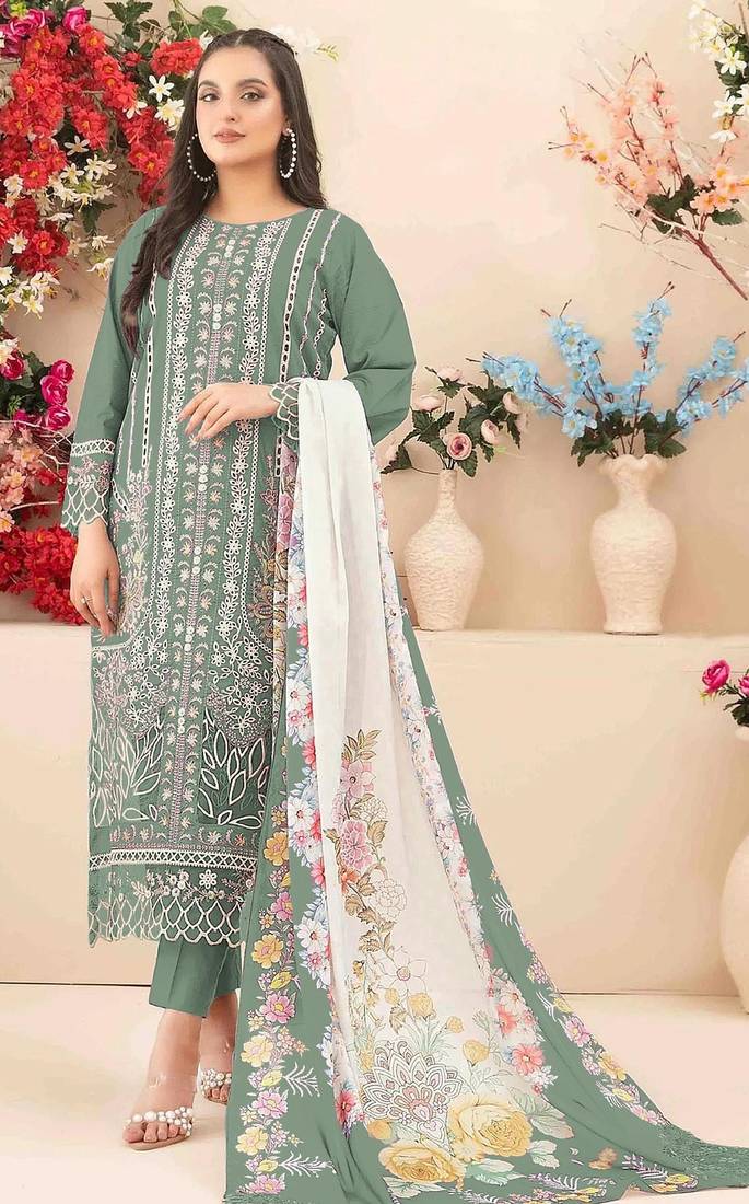 Sea green cambric cotton suit with embroidery & khatli work