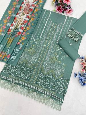 Sea green cambric cotton suit with embroidered khatli  2