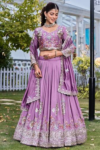 Lavender Color Embroidery Sequence Work with thred work Silk Lahenga Choli Set