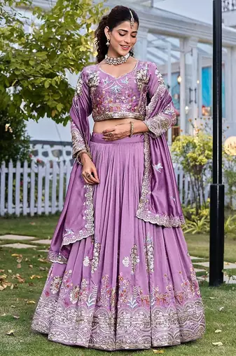 Lavender Color Embroidery Sequence Work with thred work Silk Lahenga Choli Set