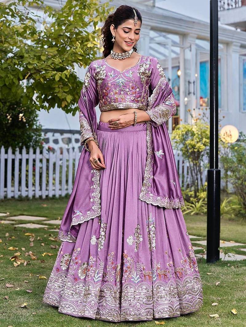 Lavender Color Embroidery Sequence Work with thred work Silk Lahenga Choli Set