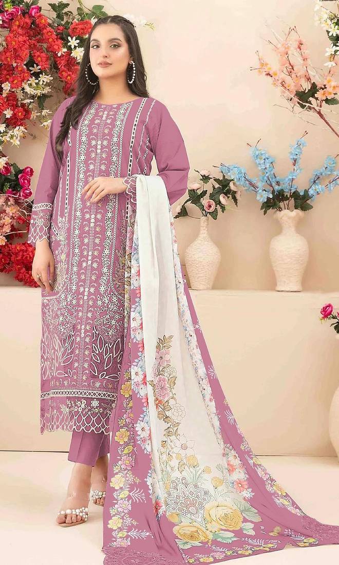 Pink cambric cotton suit with embroidery & khatli work
