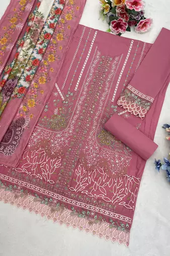 Pink cambric cotton suit with embroidered khatli 