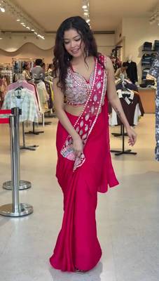 rani pink embroidery,thread & beads work faux georgette pre draped saree 3