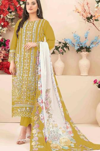 Yellow cambric cotton suit with embroidery & khatli work