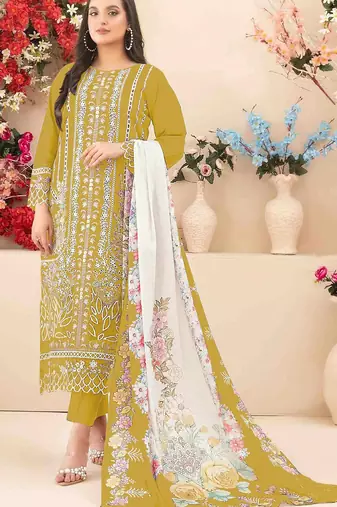 Yellow cambric cotton suit with embroidery & khatli work