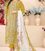 Yellow cambric cotton suit with embroidery & khatli work