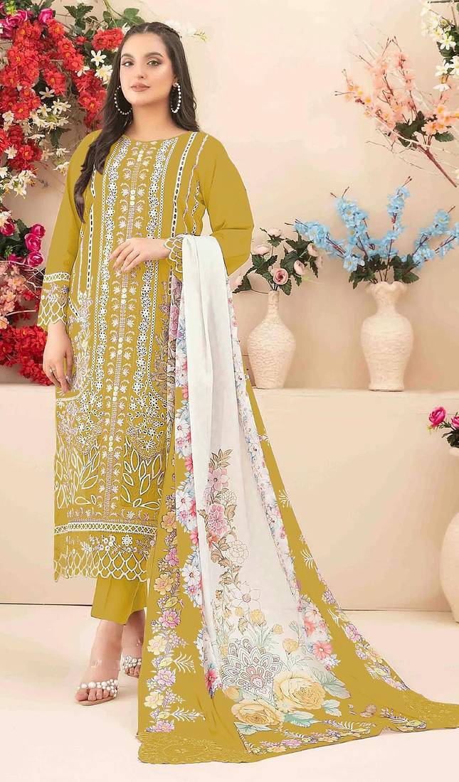 Yellow cambric cotton suit with embroidery & khatli work