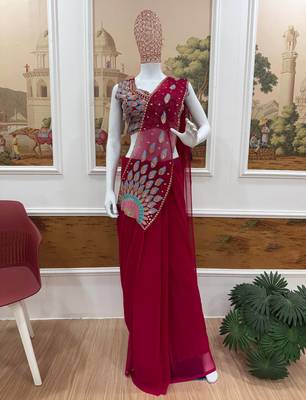 rani pink embroidery,thread & beads work faux georgette pre draped saree 4