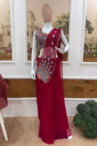 rani pink embroidery,thread & beads work faux georgette pre draped saree