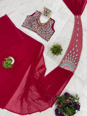 rani pink embroidery,thread & beads work faux georgette pre draped saree 5
