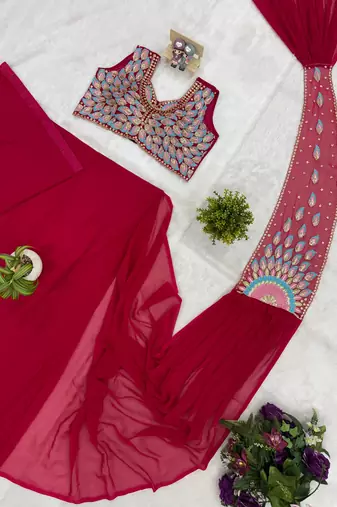 rani pink embroidery,thread & beads work faux georgette pre draped saree