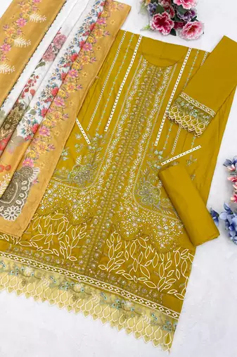 Yellow cambric cotton suit with embroidered khatli 