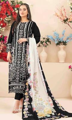 Black cambric cotton suit with embroidered khatli  1