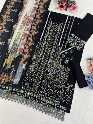 Black cambric cotton suit with embroidered khatli  2