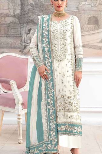 White silk semi stitched suit with embroidery & khatli work