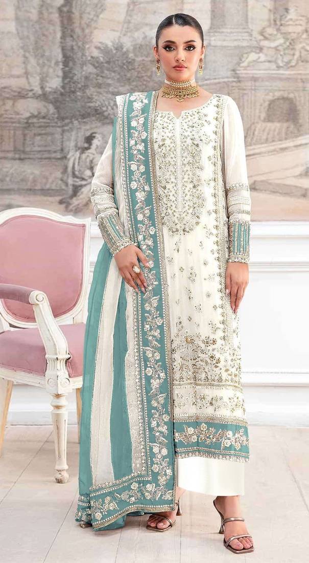 White silk semi stitched suit with embroidery & khatli work