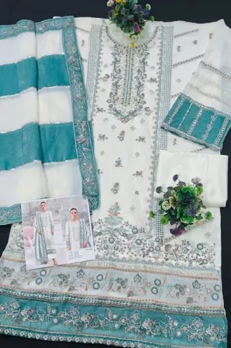 White silk suit with embroidered khatli 