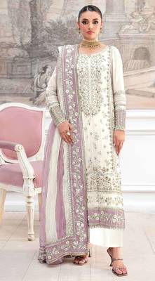 White silk suit with embroidered khatli  1