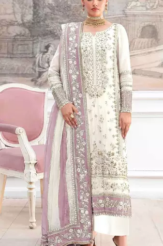 White silk suit with embroidery & khatli work