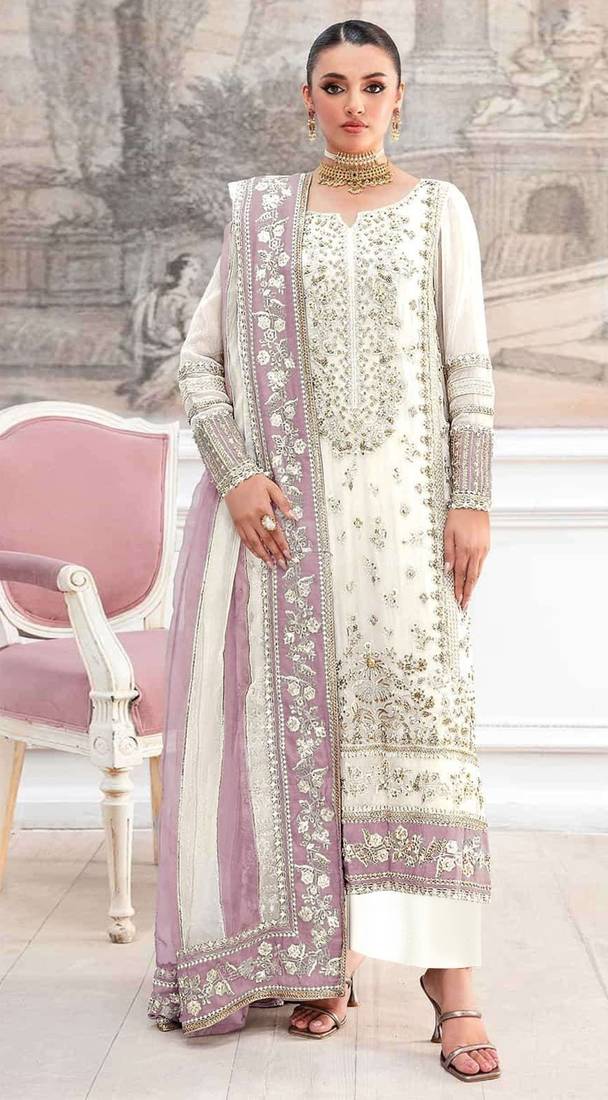 White silk suit with embroidery & khatli work