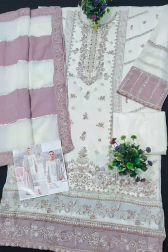 White silk suit with embroidered khatli 