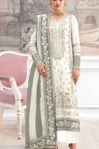 White silk suit with embroidery & khatli work