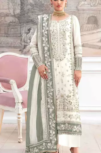White silk suit with embroidery & khatli work