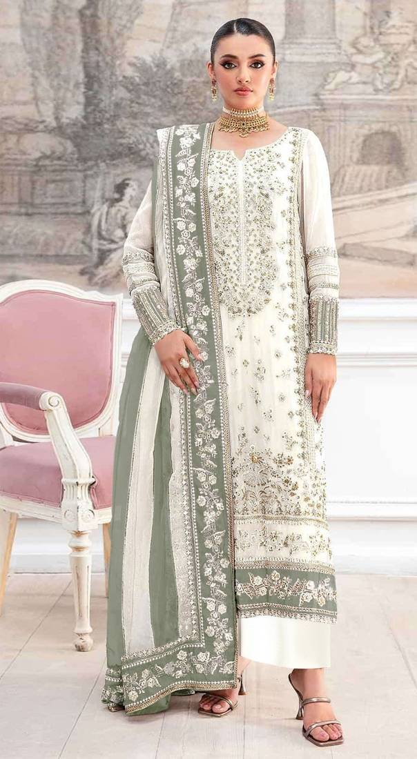 White silk suit with embroidery & khatli work