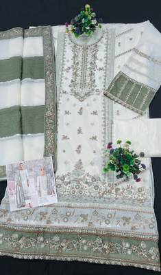 White silk suit with embroidered khatli  2