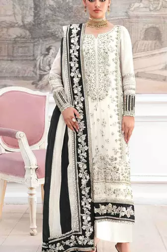 White silk suit with embroidery & khatli work